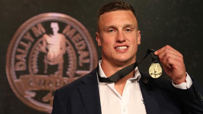 Jack Wighton shows off his 2020 Dally M Medal. Picture: Brett Costello