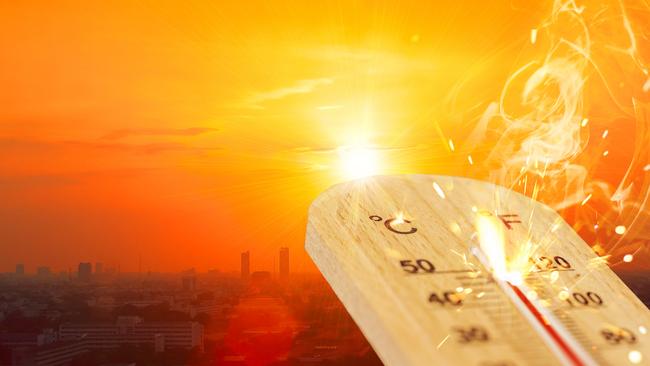 summer hot weather season high temperature thermometer with city view.