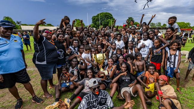 History was made as the Muluwurri Magpies beat the Tapalinga Superstars in the inaugural 2023 Tiwi Islands Football League women's grand final. Picture: Patch Clapp / AFLNT Media