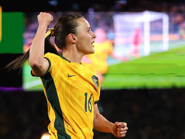 SYDNEY, AUSTRALIA - JUNE 03: Hayley Raso of Australia celebrates scoring a goal during the international friendly match between Australia Matildas and China PR at Accor Stadium on June 03, 2024 in Sydney, Australia. (Photo by Mark Metcalfe/Getty Images)