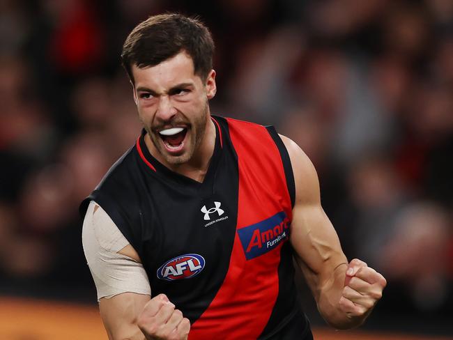 Kyle Langford celebrates a Bombers goal. Picture: Michael Klein