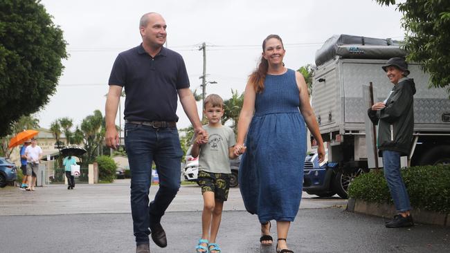 LNP candidate for Leichhardt Jeremy Neal arrives at Our Lady Help of Christians School with his wife Leearna and son Winston, 5, to cast his ballot in the federal election. Picture: Samuel Davis