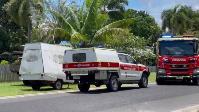 Firefighters, ambulance and police at the scene of a house fire at Machans Beach, Cairns on January 2, 2023 Video: Alison Paterson