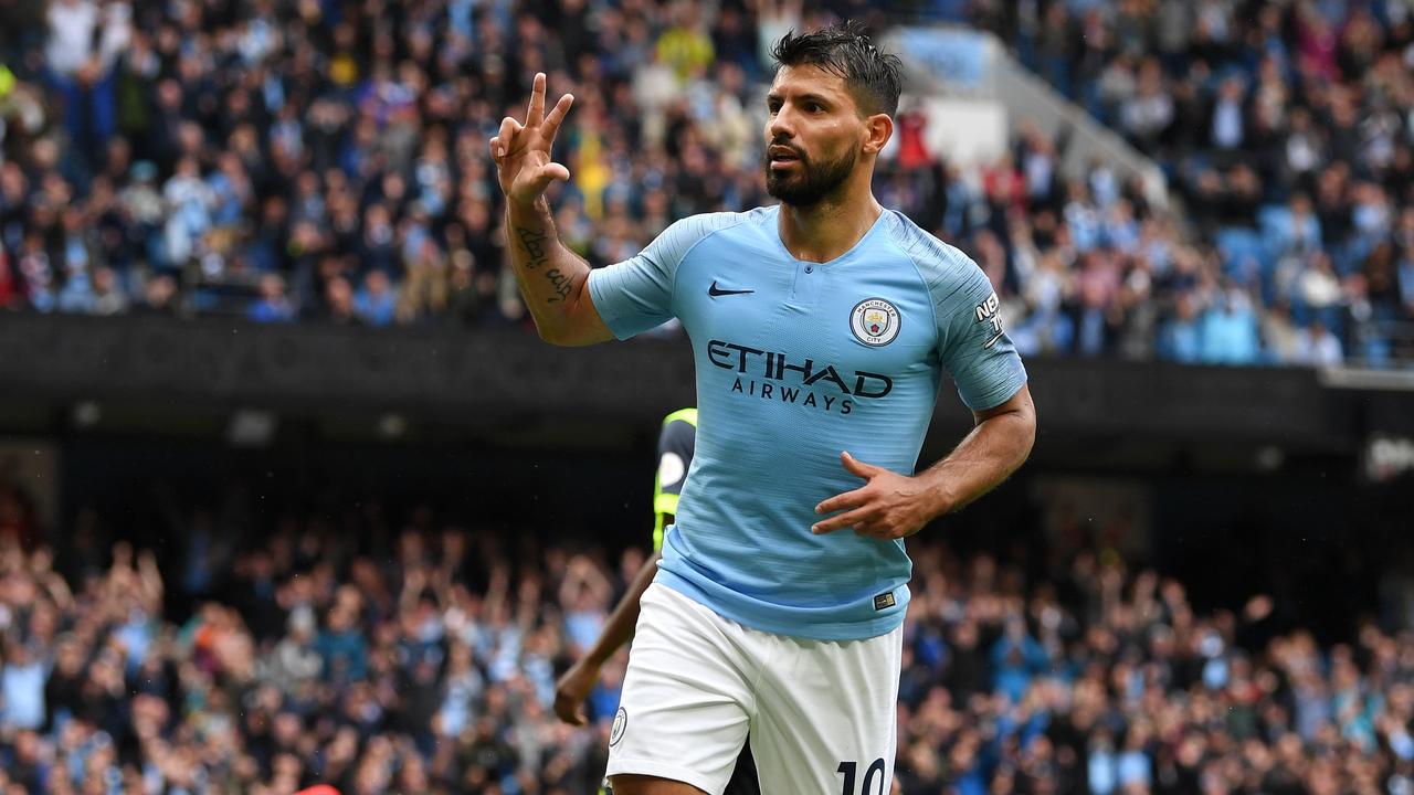 Sergio Aguero of Manchester City celebrates after scoring his hat-trick.