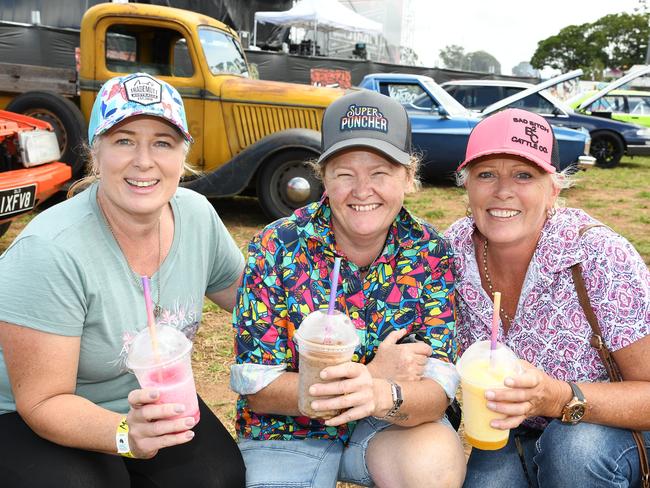 Enjoying their frozen cocktails Cheryl Willmer (left), Cassie Hicks and Kim Stuart. Meatstock Festival, Toowoomba showgrounds. April 2022