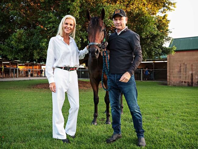 Horse trainer Kris Lees, with his unbeaten Golden Slipper runner Rivellino, and his wife, Kristy at Newcastle Racecourse. Picture: Adam Yip