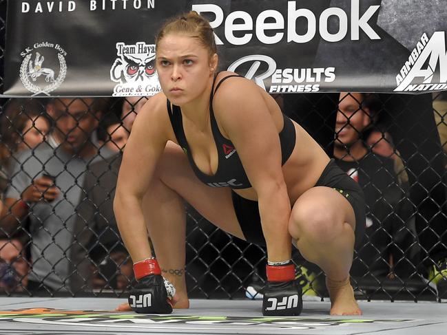 Ronda Rousey gets ready to fight Cat Zingano in a UFC 184 mixed martial arts bantamweight title bout, Saturday, Feb. 28, 2015, in Los Angeles. Rousey won after Zingano tapped out 14 seconds into the first round. (AP Photo/Mark J. Terrill)