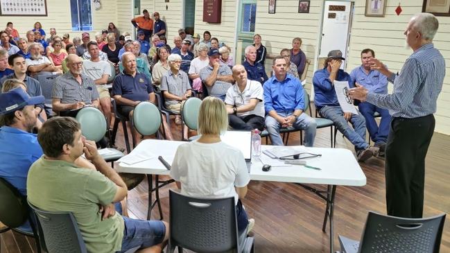 About 70 people, including farmers, Senator Matt Canavan, Rockhampton councillors and officers, attended a meeting about a 53 per cent water price hike for Fitzroy River irrigators on Wednesday, December 11, 2024 at the Alton Downs Hall.