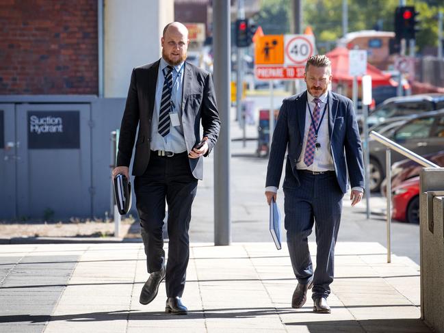 Detectives arrive at Ballarat court for the suppression order hearing. Picture: Mark Stewart