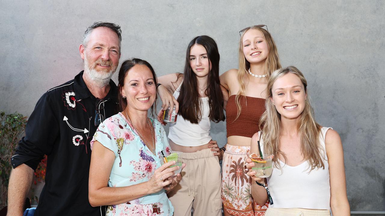 Matt Harrison, Diane Harrison, Millie Harrison, 12, Charlotte Majet, 12, and Mikaela Majet at the grand opening of Distil on the Hill's new Smithfield distillery. Picture: Brendan Radke