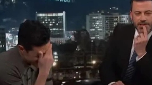 The star laughed awkwardly when the video was played by Jimmy Kimmel.