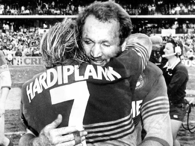Peter Sterling receives a hug from Ray Price after Parramatta defeated Canterbury in the 1986 Winfield Cup final.