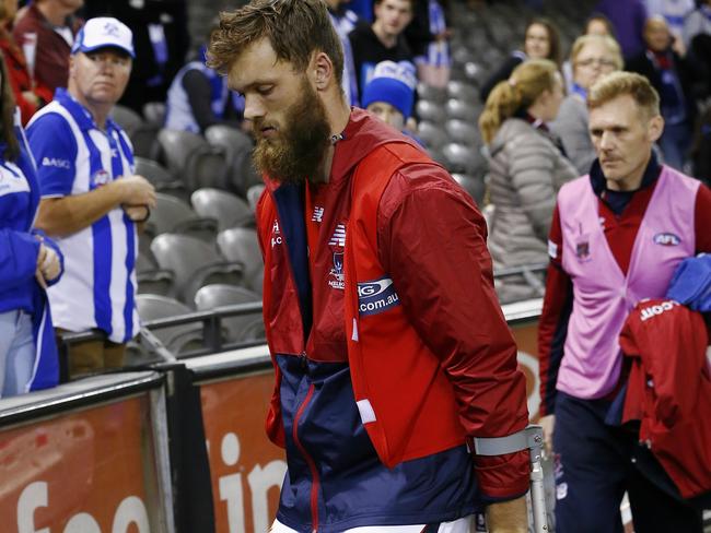 Max Gawn on crutches after suffering a knee injury. Picture: Michael Klein