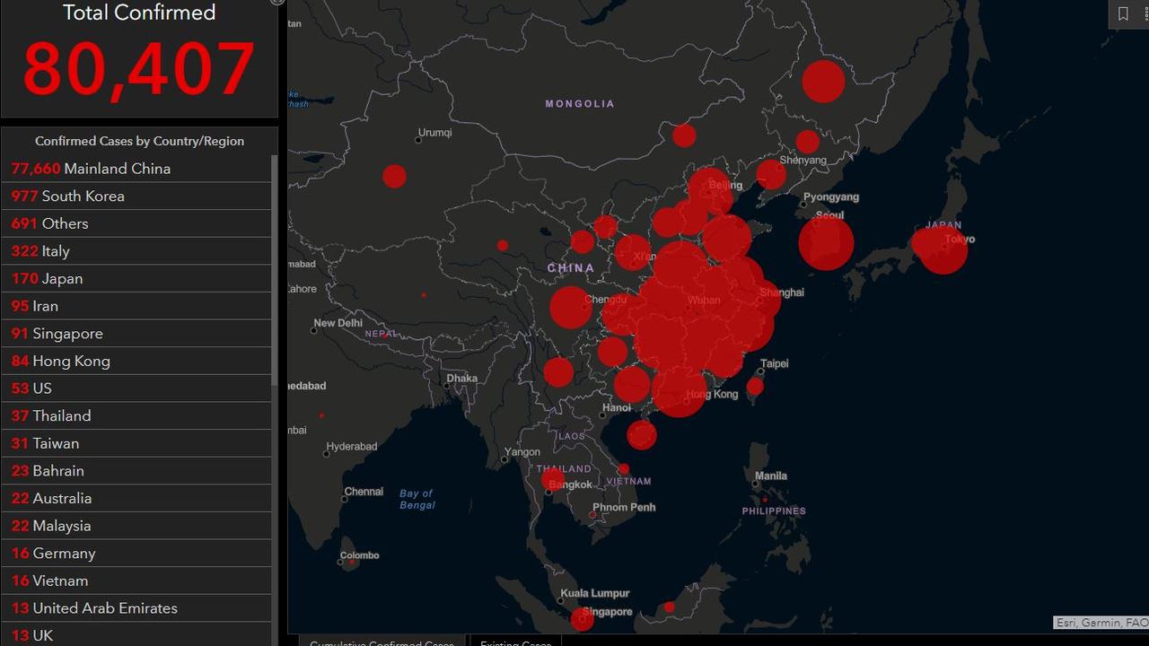 The bulk of the virus infections are in east Asia. Picture: Supplied