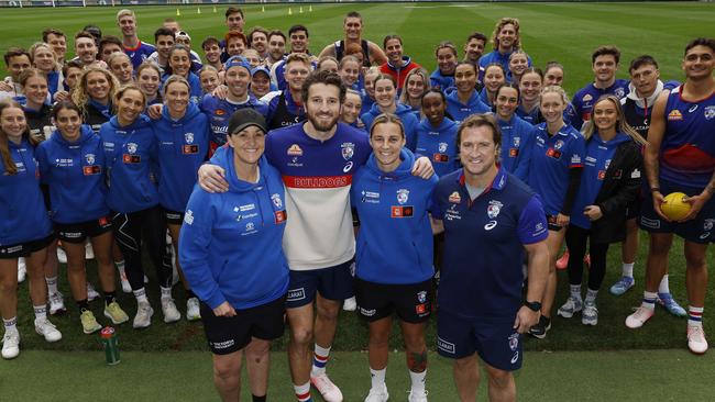 The Western Bulldogs AFL and AFLW teams both had captain’s runs on the MCG on Friday ahead of their double-header. Picture: Michael Klein