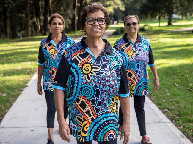 12/1/25: Aunty Bev Donovan with walking mates, Mareen Silleri, (glasses) and Frances Carr ..the Deadly Chicks at the Nepean River in Jamestown. Aunty Bev Donovan is a Gumbaynggirr and Djangadi elder who made a remarkable health change after returning to her hometown and taking up walking, going from 185kg to 67kg. She had lost control of her weight after the death of her mother, twice ending up in hospital for heart failure. After deciding she wanted to make a change, she began walking every day, and eventually found herself a part of four walking groups. John Feder/The Australian.