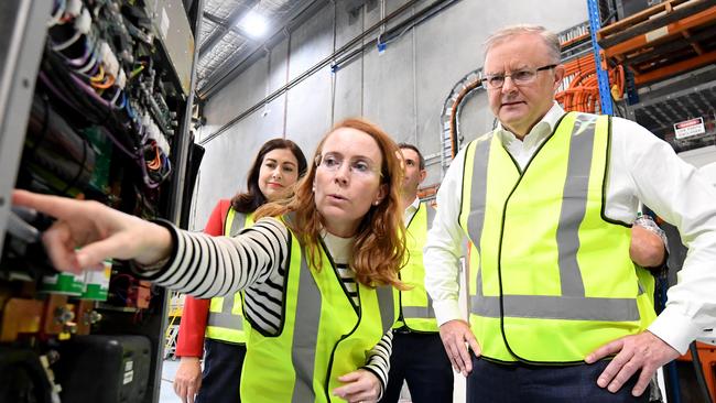 PM Anthony Albanese with Tritium CEO Jane Hunter at the company’s Brisbane facility. Picture: NCA NewsWire / Dan Peled