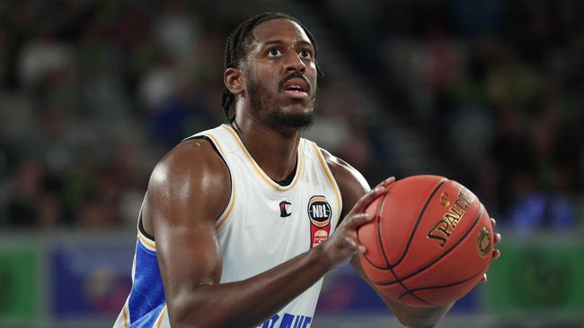 MELBOURNE, AUSTRALIA - OCTOBER 12: Keandre Cook of the Bullets shoots a free throw during the round four NBL match between South East Melbourne Phoenix and Brisbane Bullets at John Cain Arena, on October 12, 2024, in Melbourne, Australia. (Photo by Daniel Pockett/Getty Images)