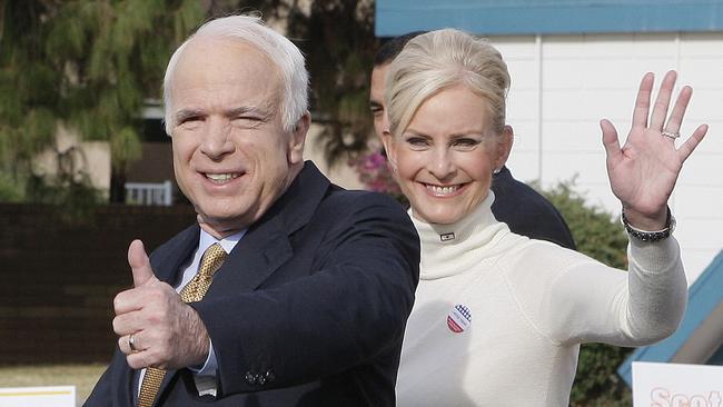 John and Cindy McCain. The widow of the former Republican presidential appeared at Arizona rallies for Joe Biden and was the star of a television ad encouraging conservatives to vote for the Democrat contender. Picture: AP