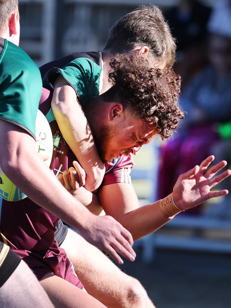 Titans Cup Finals. Tweed River High (green and Black) v Keebra Park (blue) in Open Boys Development division at Southport Tigers . Picture Glenn Hampson.