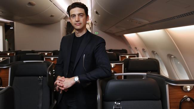 Qantas cabin designer David Caon in the business section of a refurbished A380 Picture: David Swift.