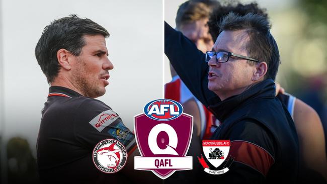 QAFL 2024 grand final coaches Phil Crase (Redland Victoria Point) and Paul Egan (Morningside). Pictures: Brooke Sleep Media and Highflyer Images.