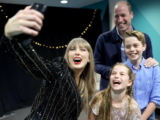 Taylor Swift with Prince William, Princess Charlotte, and Prince George after the royal trio attended her first show at Wembley Stadium. Picture: X / @KensingtonRoyal