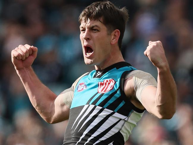 ADELAIDE, AUSTRALIA - JUNE 22: Zak Butters of the Power celebrates a goal during the 2024 AFL Round 15 match between the Port Adelaide Power and the Brisbane Lions at Adelaide Oval on June 22, 2024 in Adelaide, Australia. (Photo by James Elsby/AFL Photos via Getty Images)