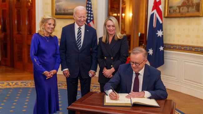 US First Lady Jill Biden, left, President Joe Biden, Jodie Haydon and Anthony Albanese at the White House on Wednesday (AEDT). Picture: PMO