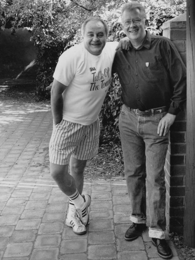 Adelaide's highest rating personalities in 1991, 5AA's night-owl Bob Francis and SAFM's John Vincent in Bob's walled back garden in North Adelaide.