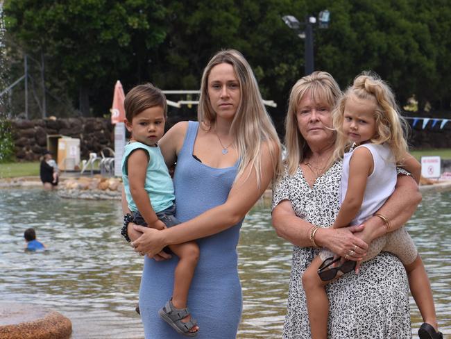 Bianca Wood and Kathyrn Gail with children Noah (2) and Navera Cridland (3) at the Banora Point Oasis pool, campaigning to keep it open. Picture: Liana Walker