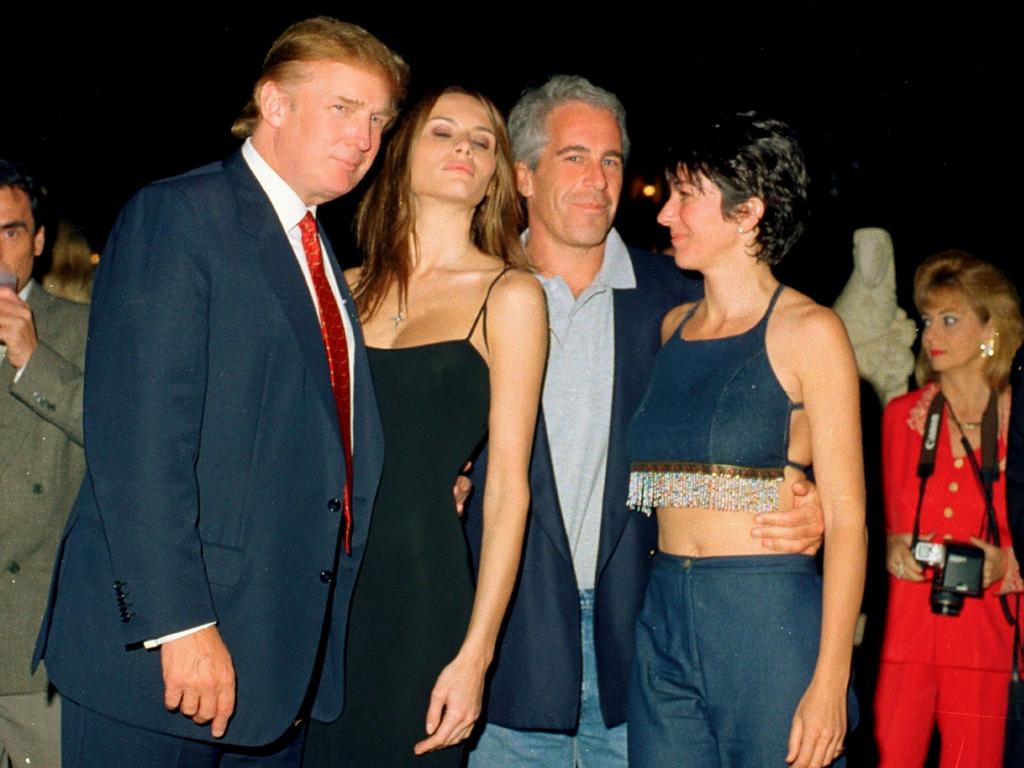 Jeffery Epstein with British heiress Ghislaine Maxwell in 2000 at Donald Trump’s Mar-a-Lago in Palm Beach with Trump’s then girlfriend, Melania Knauss. Picture: Davidoff Studios/Getty
