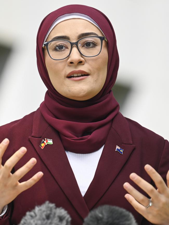 enator Fatima Payman holds a press conference at Parliament House in Canberra. Picture: NewsWire / Martin Ollman