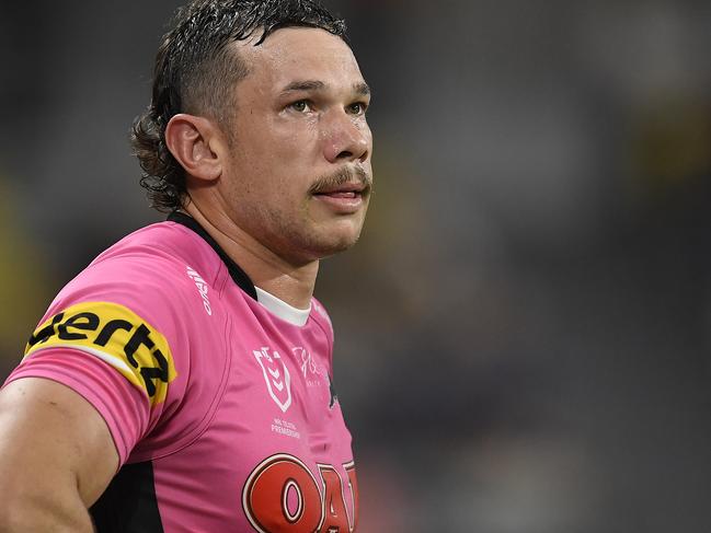 TOWNSVILLE, AUSTRALIA - SEPTEMBER 18: Brent Naden of the Panthers looks on during the round 19 NRL match between the North Queensland Cowboys and the Penrith Panthers at QCB Stadium on September 18, 2020 in Townsville, Australia. (Photo by Ian Hitchcock/Getty Images)