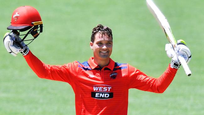 Alex Carey of the Redbacks celebrates bringing up his century, Photo by Mark Brake/Getty Images