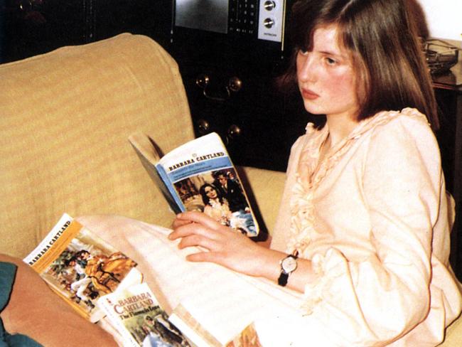 A teenage Diana Spencer reads a novel written by her step-grandmother Dame Barbara Cartland. Picture: Supplied