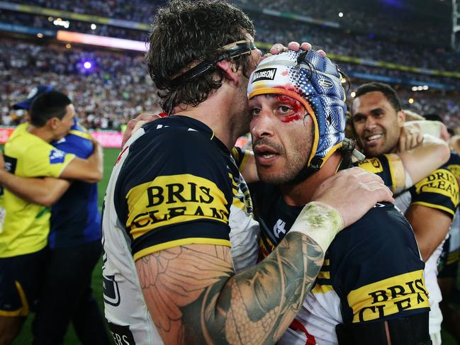 Thurston celebrates the Cowboys golden point win. Picture: Brett Costello