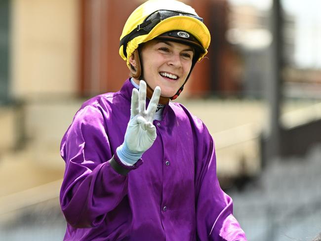 MELBOURNE, AUSTRALIA - DECEMBER 16: Celine Gaudray brings up win number three after riding Is It Me in Race 5, the Schweppes Handicap, during Melbourne Racing at Caulfield Racecourse on December 16, 2023 in Melbourne, Australia. (Photo by Vince Caligiuri/Getty Images)