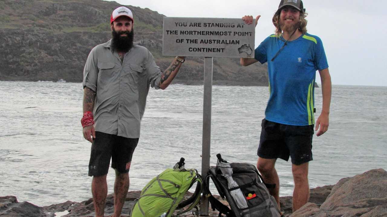 Fred Van Der Elst and Alex Johnson at the start of their epic trek from Cape York to Tasmania. Picture: Contributed