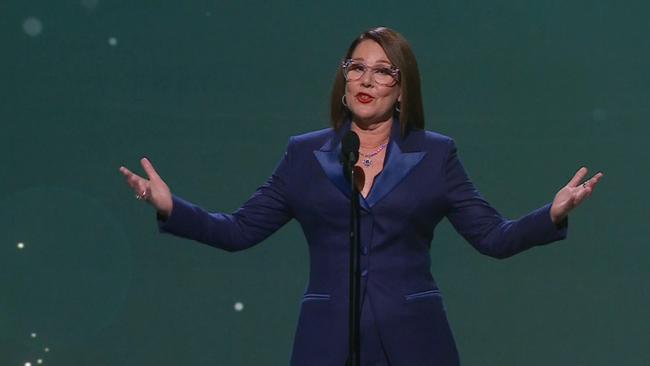 ‘My eyes cut right back!’ Comedian and TV host Julia Morris opened the Logies with a savage monologue revealing what it takes her to get TV ready. Picture: Nine