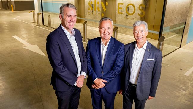 Walker Corporation construction manager Ben Hamilton, SkyCity Australia chief operating officer David Christian and Adelaide Festival Centre chief operating officer Carlo D’Ortenzio in the new Festival Square car park. Picture: Mike Burton