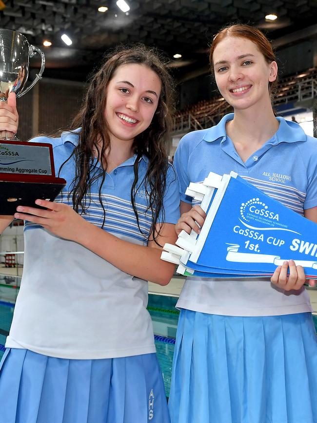 Winning team Dana Gronbach, Josephine Crimmins and All Hallows'. Both girls finished with All Ages medals as well. Picture, John Gass