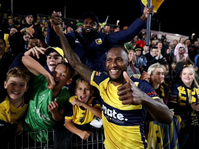 Brian Kaltak and the Central Coast Mariners are one win away from completing back to back premierships and a rare treble. Picture: Getty Images