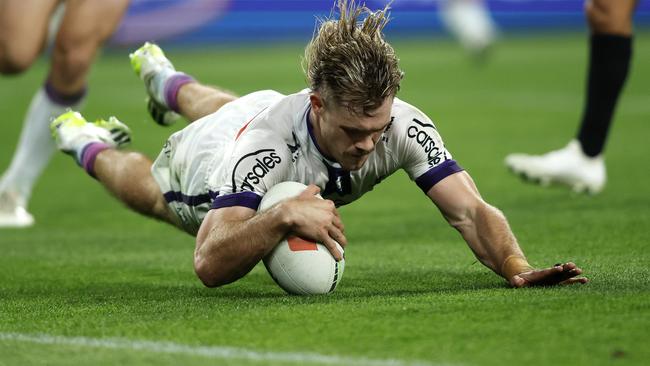 Ryan Papenhuyzen scored the first try of his comeback against the Broncos. Picture: NRL Photos