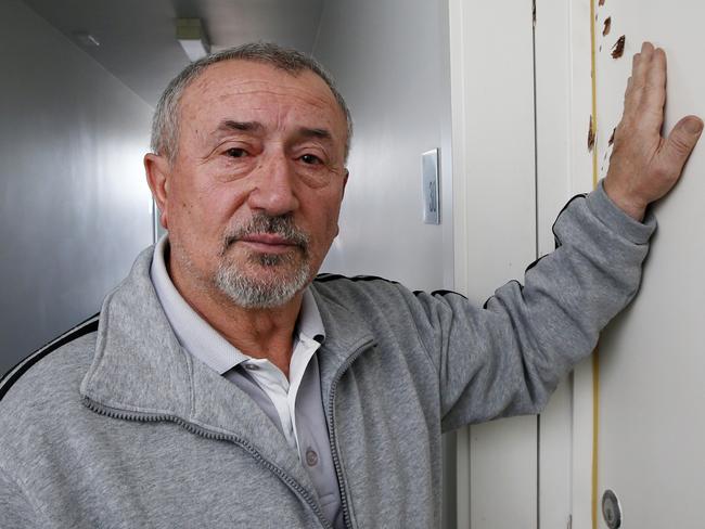 Troubles evicting dangerous or disruptive public housing tenants and how many tenants are being evicted. The director of public housing applied to have a man who had a machete evicted but VCAT denied the request. The man had swung the machete at a neighbour, Stefan Ciochia, cutting his clothing. Stefan shows the machete cuts in a neighbours door.     Picture: David Caird