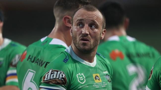 Canberra's Josh Hodgson looks on after a Manly try during the Manly Sea Eagles v Canberra Raiders NRL match at Campbelltown Stadium, Sydney. Picture: Brett Costello