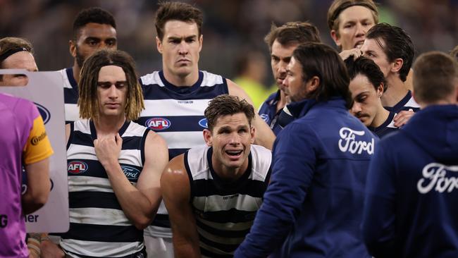 Chris Scott addresses his team during the preliminary final drubbing.