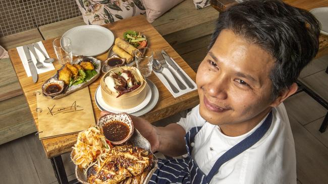 Chef Raphael John De Paula with his food from the newly established Karan-An restaurant in Margaret St. Picture: Nev Madsen.