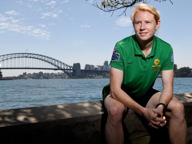 Matilda's player Clare Polkinghorne poses for a photograph at Mrs. Macquaries Chair in Sydney, Monday, February 3, 2020. (AAP Image/Bianca De Marchi) NO ARCHIVING
