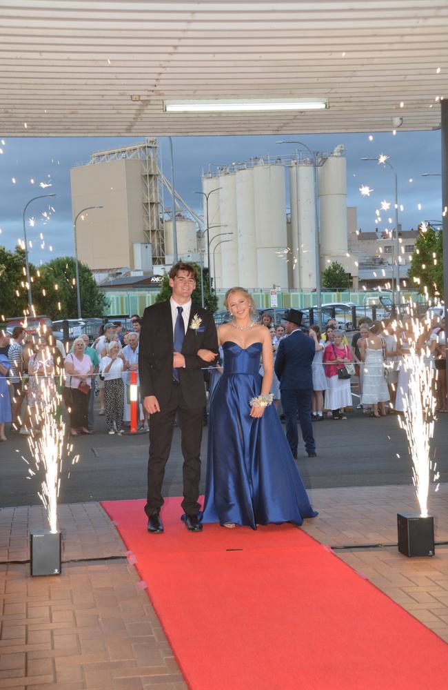 Toowoomba school formals. At the 2023 St Ursula's College formal is graduate Paige Reimers with her partner Lachy Thompson. Picture: Rhylea Millar